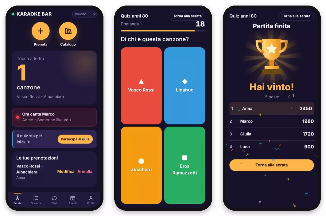 L'invito al quiz nella serata · Una domanda con il tempo che scorre · La classifica finale